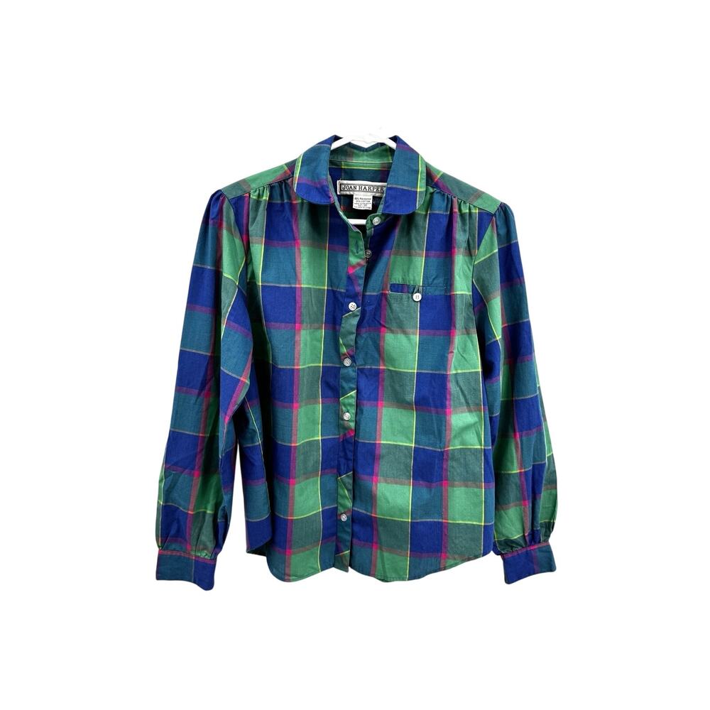 Joan Harper Plaid Blouse Green Blue Pink Long Sleeve Vintage Size 10